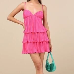 Lulus Sleek Dedication Hot Pink Satin Plisse Pleated Cutout Tiered Swing Dress